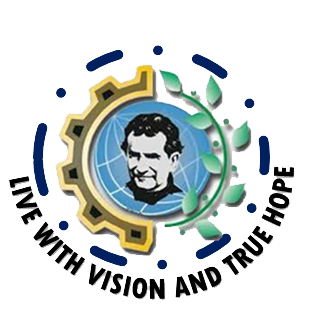 DBTTC crest: Don Bosco within a gear and laurel, with the motto Live with vision and true hope